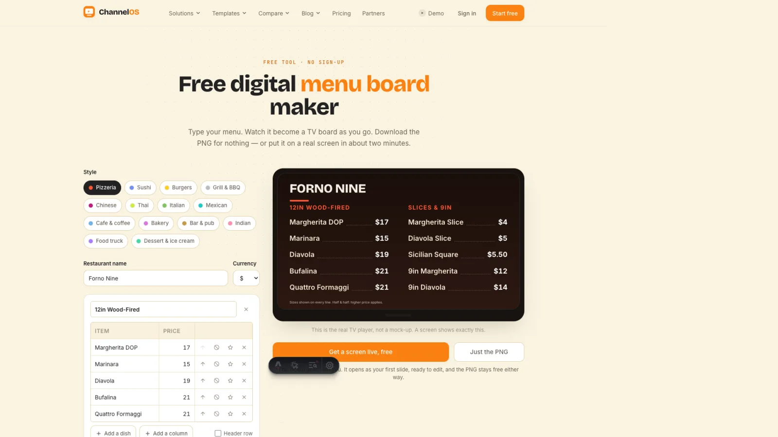 A digital menu board template for a pizzeria, showing 12-inch wood-fired pizzas and slices in two priced columns on a dark TV board