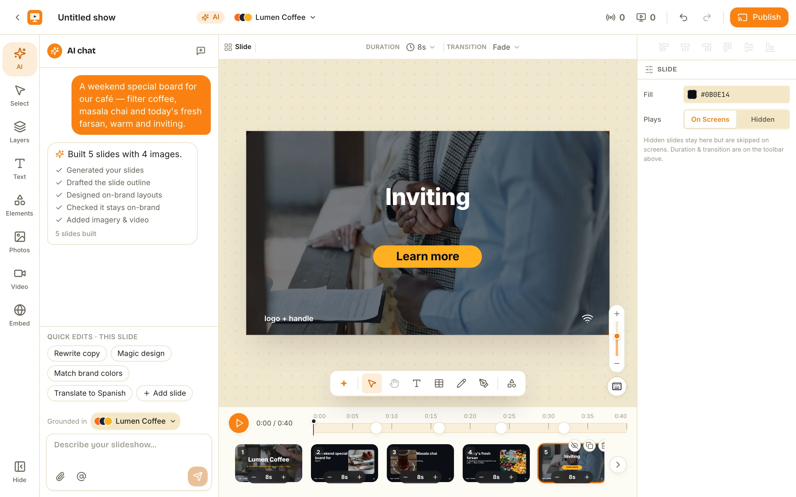 The ChannelOS editor after the in-editor AI chat built a five-slide show on-brand