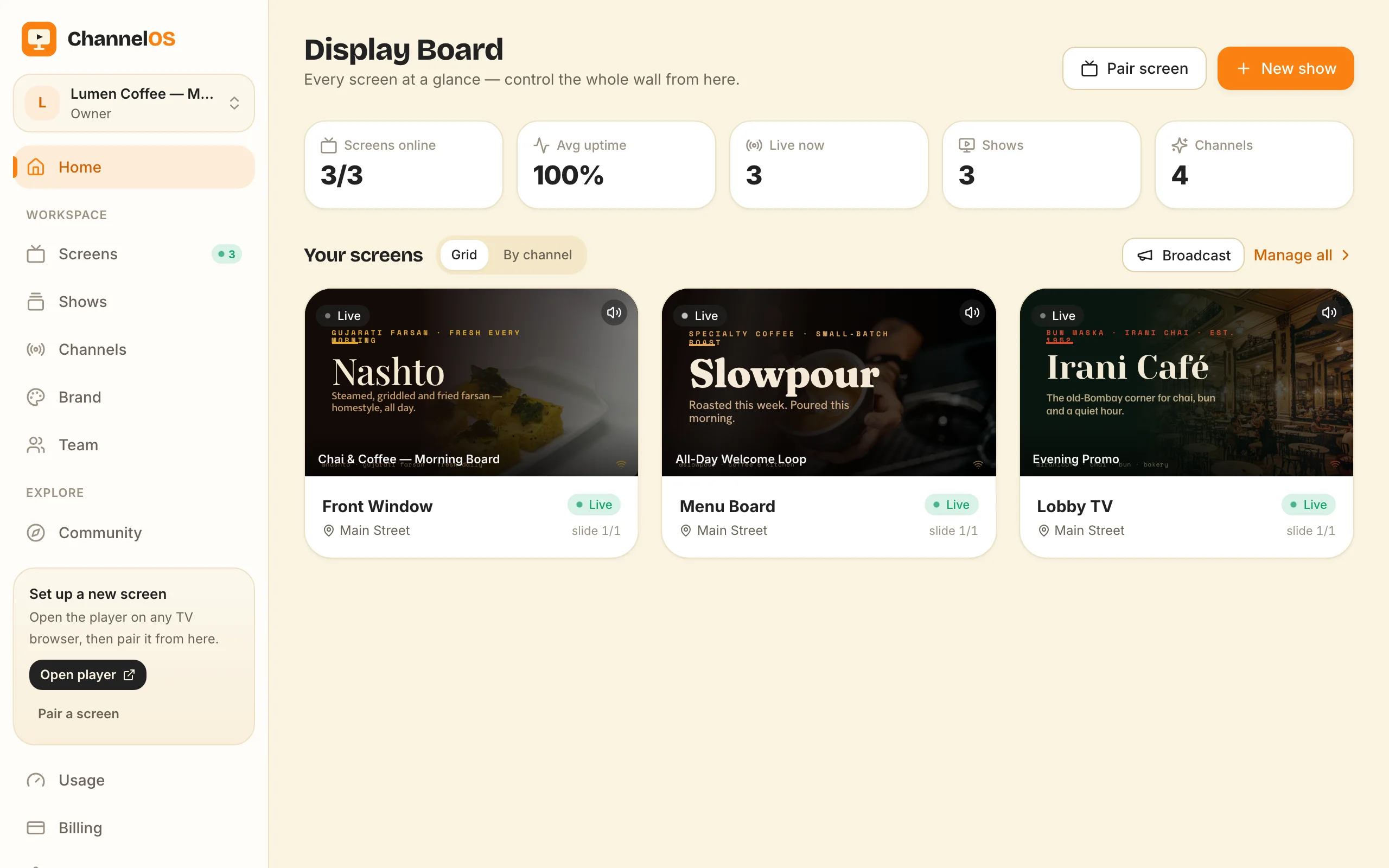 The live Display Board with every paired screen and one-tap controls