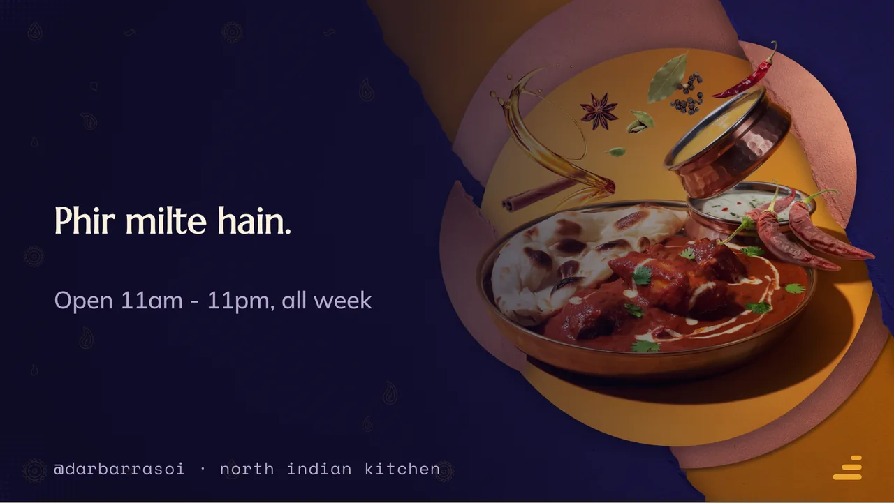 North Indian thali menu board · Landscape for Darbar Rasoi: slide 4 of 4, the sign-off with opening hours