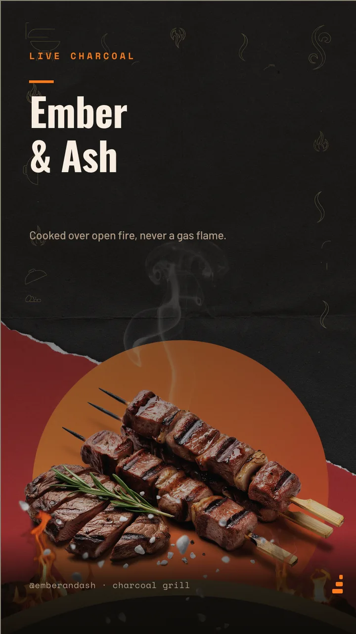 Charcoal grill kebab menu board · Portrait digital signage template preview