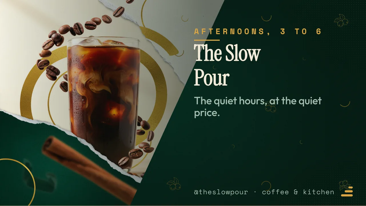Cafe happy hour offer board: the opening slide, for The Slow Pour