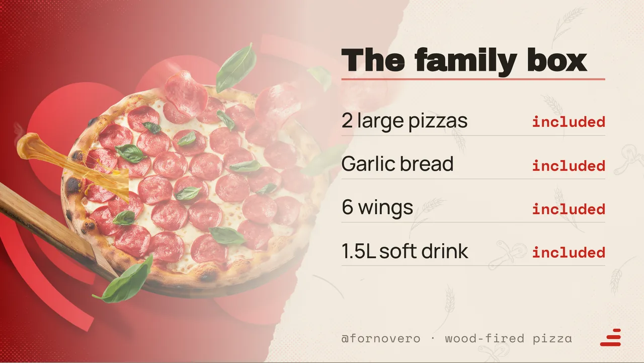 Pizzeria family combo offer board · Landscape for Forno Vero: slide 2 of 4, the priced menu of dishes