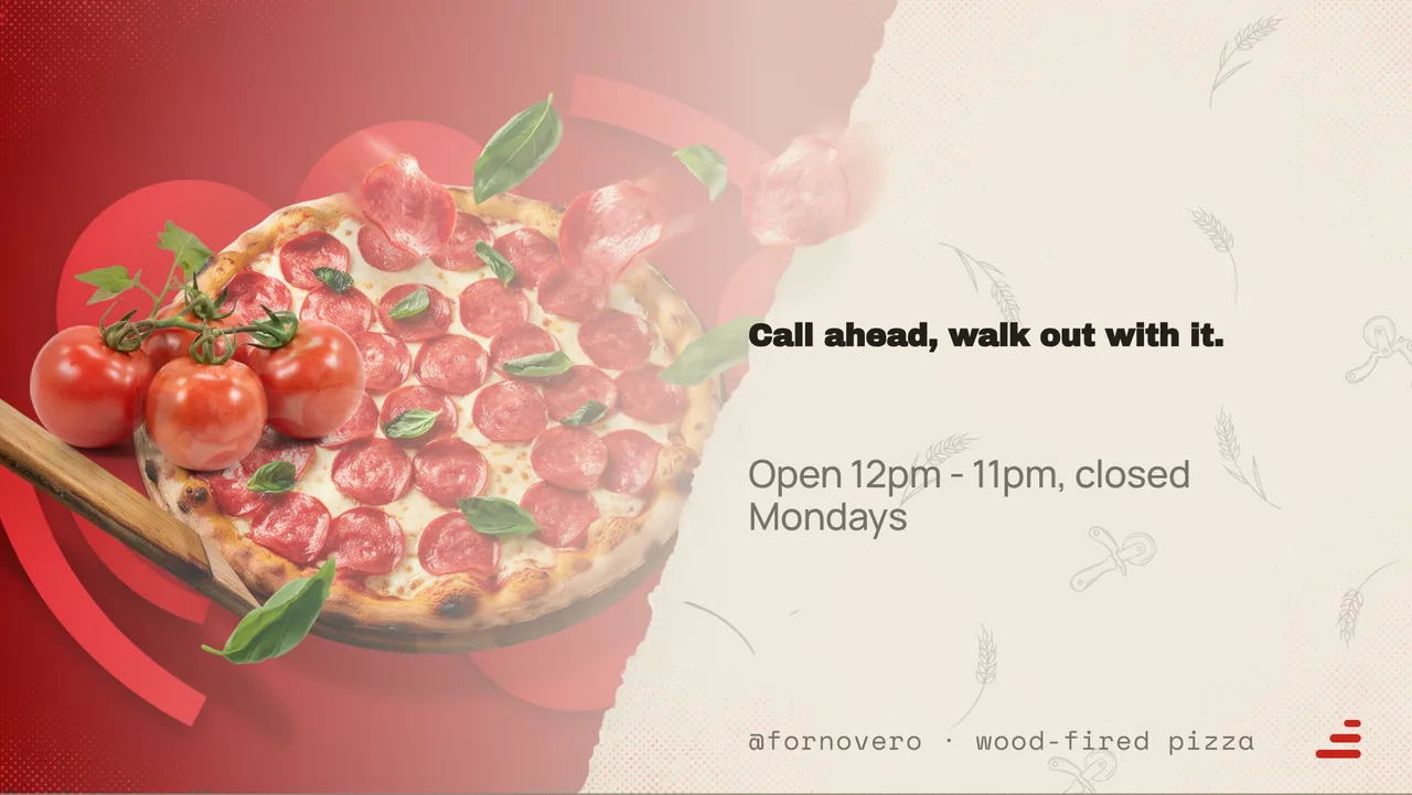 Pizzeria family combo offer board · Landscape for Forno Vero: slide 4 of 4, the sign-off with opening hours