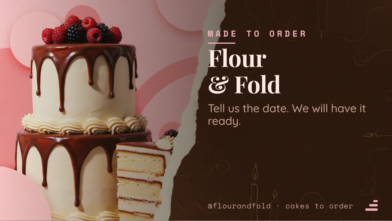 Cake shop custom order board: the opening slide, for Flour & Fold