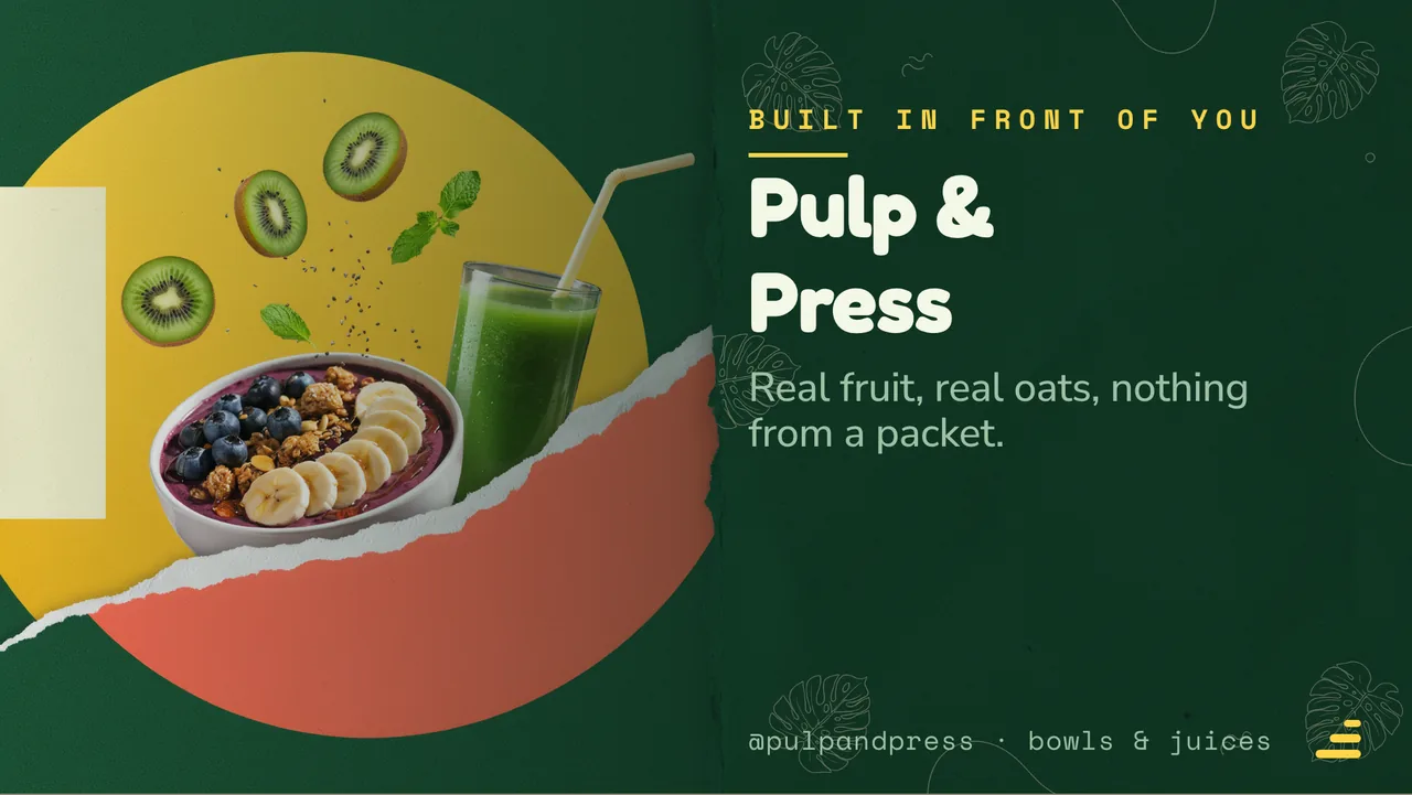 Acai bowl and juice menu board: the opening slide, for Pulp & Press