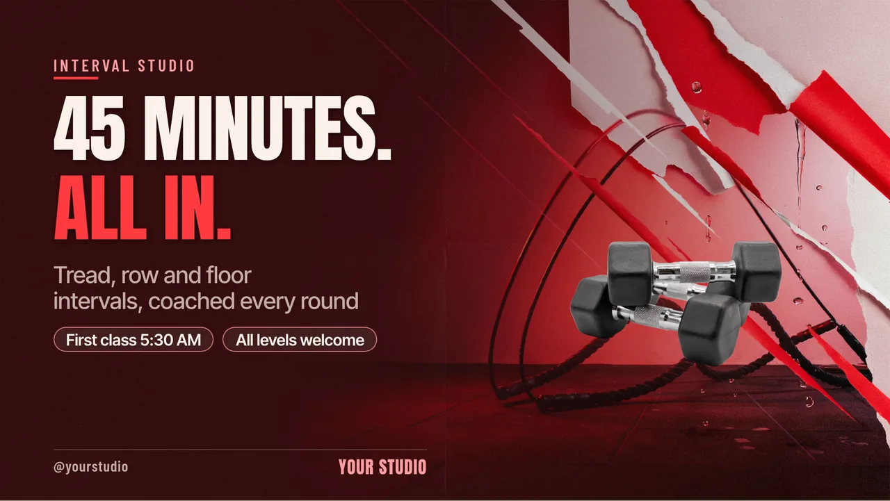 HIIT studio intro offer TV screen · Landscape digital signage template preview