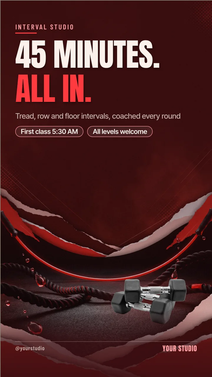 HIIT studio intro offer TV screen · Portrait digital signage template preview