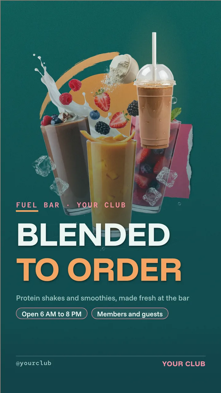 Gym smoothie bar menu board · Portrait digital signage template preview