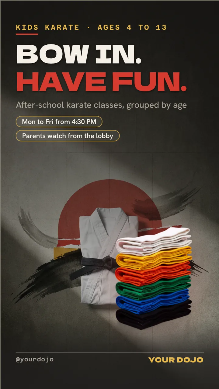 Kids martial arts enrollment TV screen · Portrait digital signage template preview