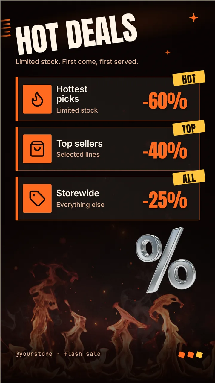 Fire flash sale screen · Portrait for a clothing store or boutique: slide 2 of 3, the discount tiers