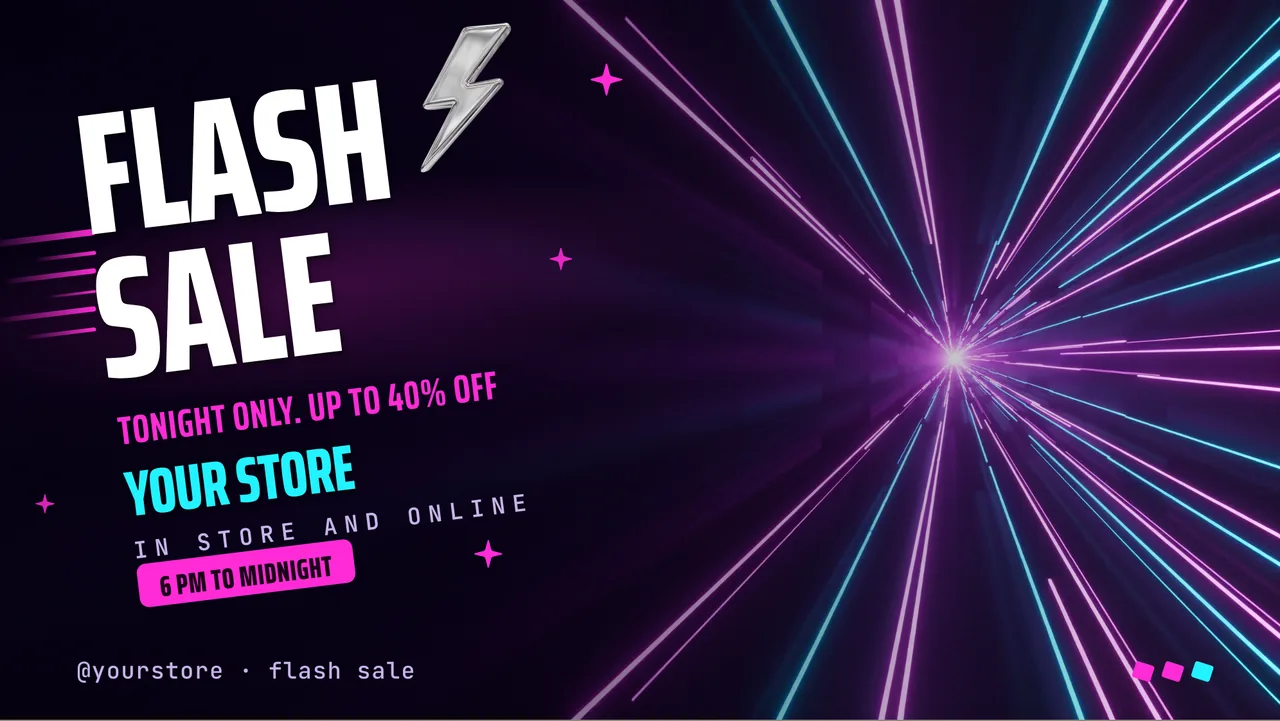 Neon flash sale screen: the opening slide, for a nail or hair salon