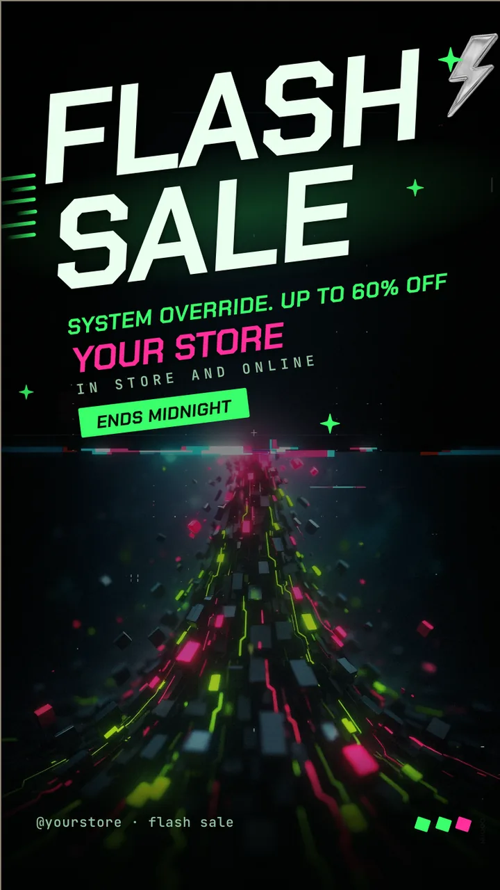 Cyber glitch flash sale screen · Portrait digital signage template preview