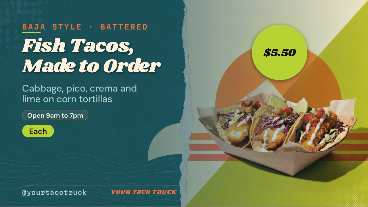 Fish taco truck menu board · Landscape digital signage template preview