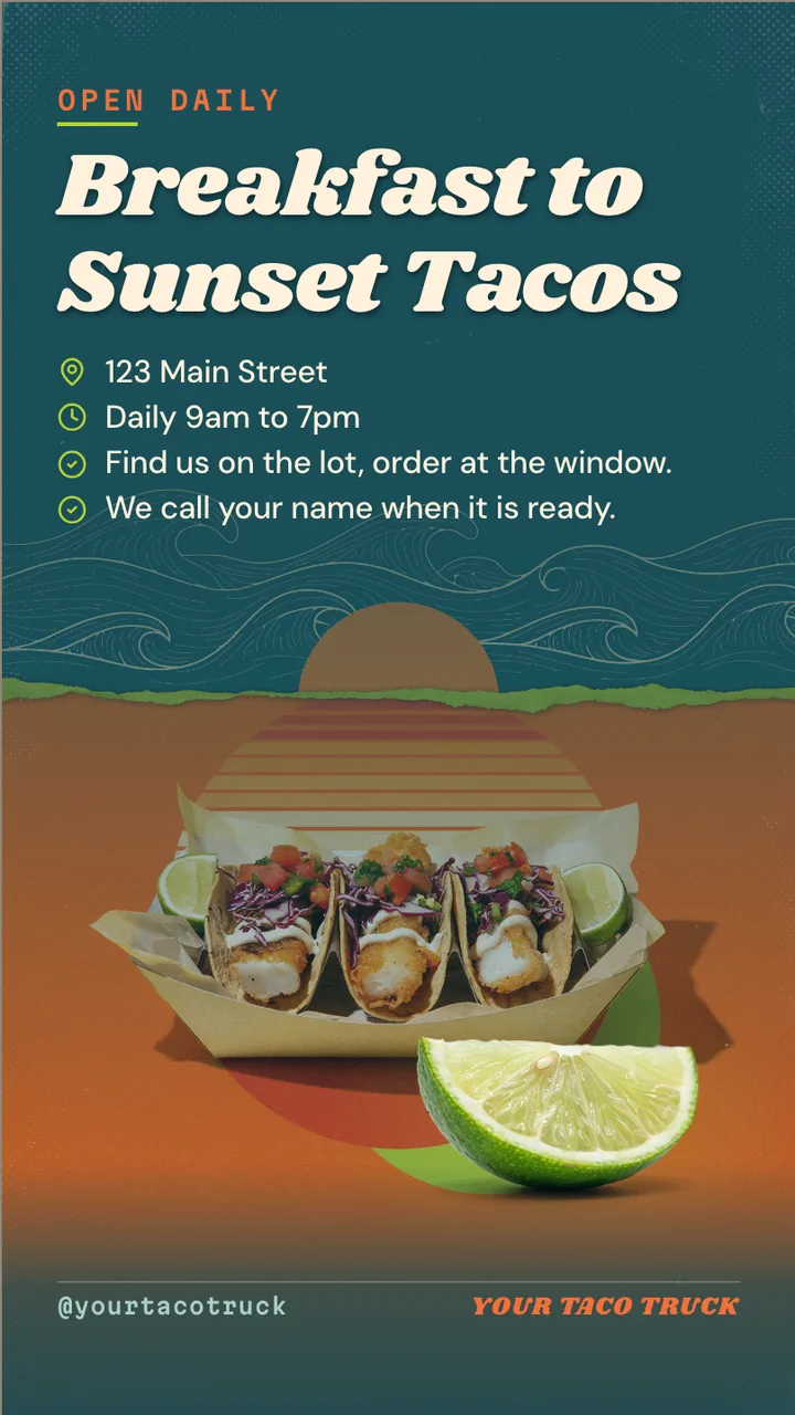 Fish taco truck menu board · Portrait for a fish taco truck: slide 4 of 4, the address, hours and how to book or order