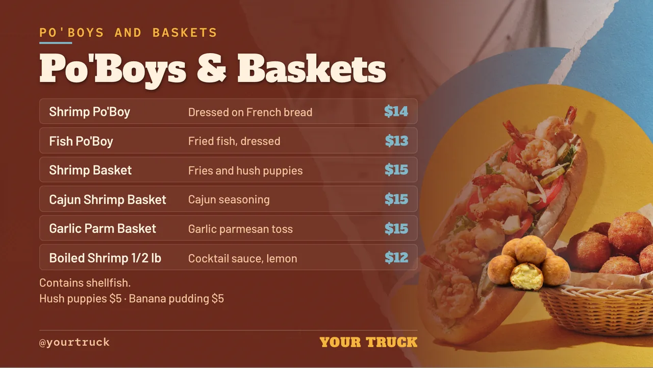 Po' boy food truck TV menu · Landscape for a po' boy food truck: slide 2 of 4, the menu with prices