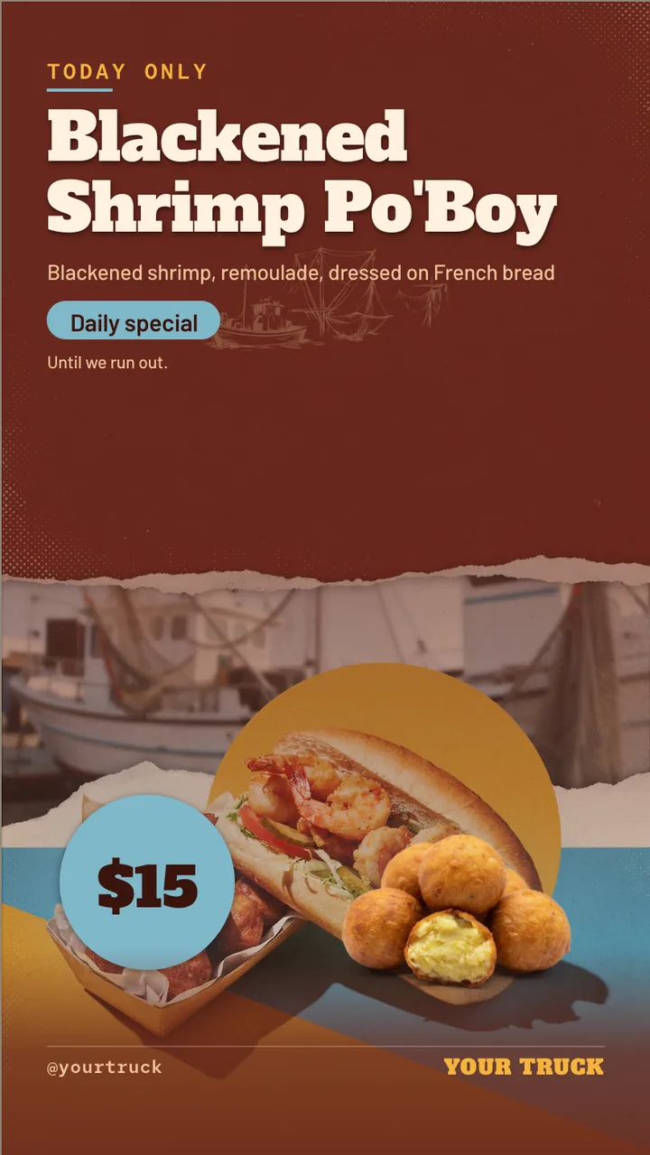 Po' boy food truck TV menu · Portrait for a po' boy food truck: slide 3 of 4, the offer with its price and terms