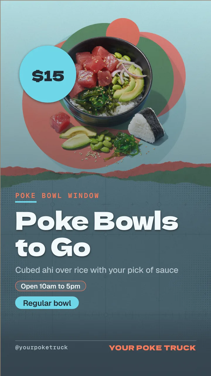 Poke bowl food truck TV menu · Portrait digital signage template preview