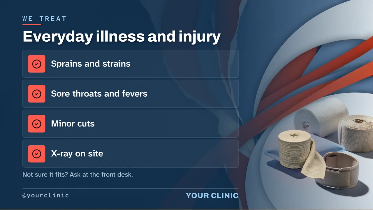 Urgent care video visits and portal slideshow · Landscape for an urgent care clinic: slide 2 of 4, the list of services and options