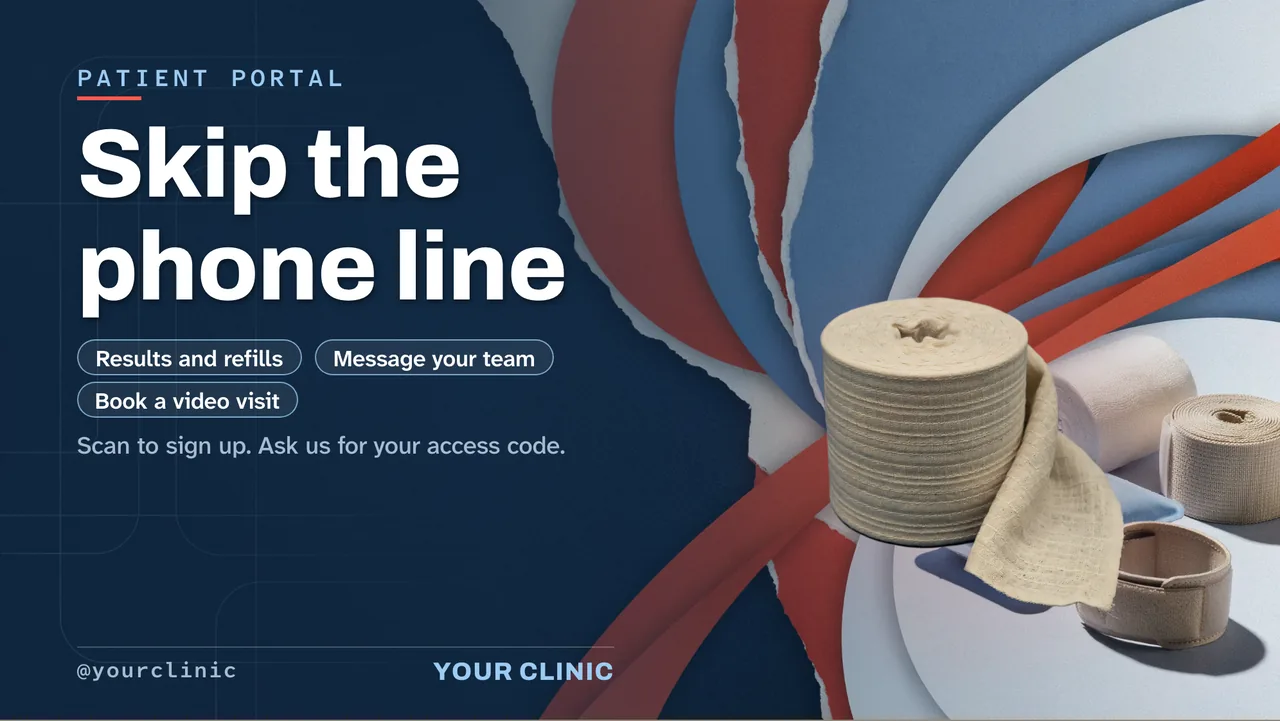 Urgent care video visits and portal slideshow · Landscape for an urgent care clinic: slide 3 of 4, the offer with its price and terms