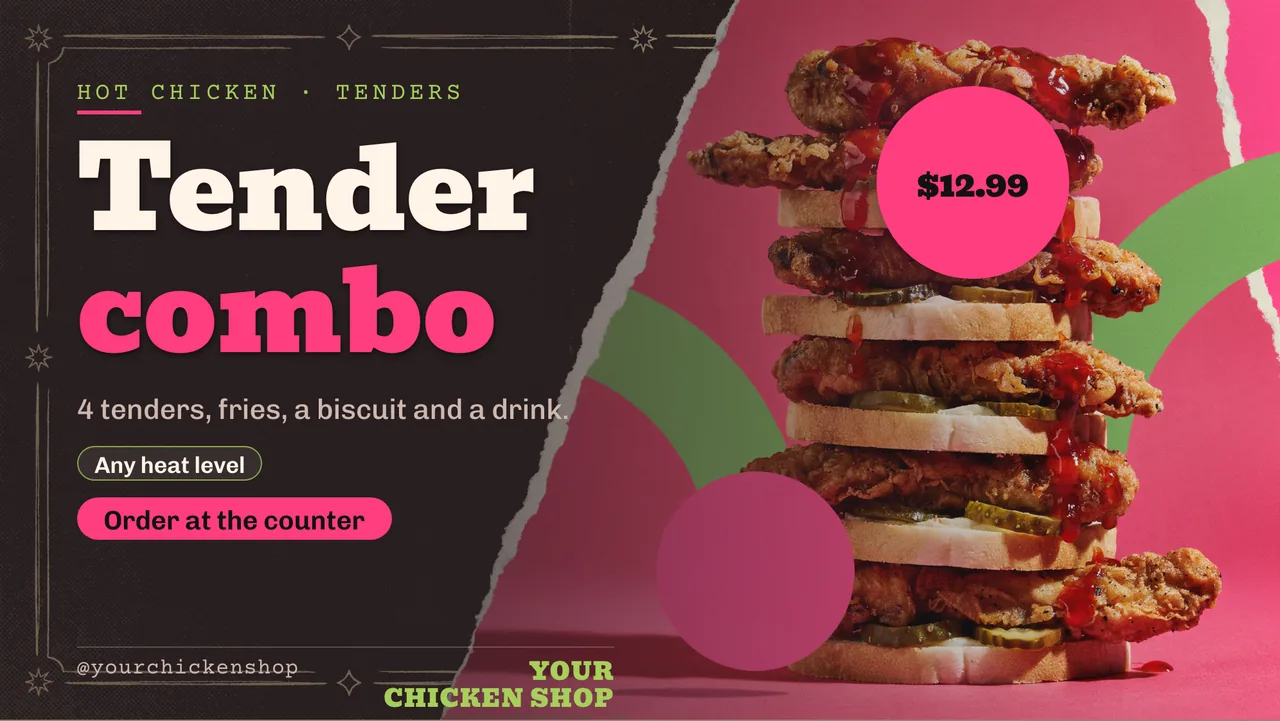 Hot chicken menu board · Landscape digital signage template preview