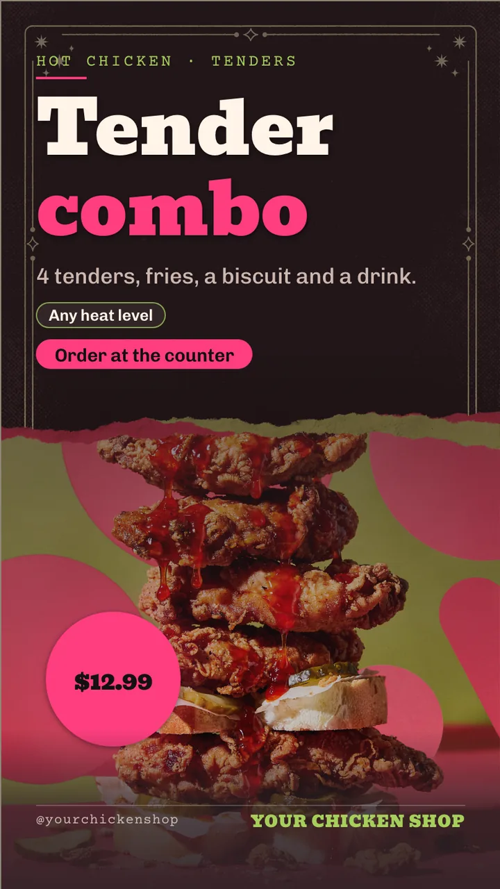 Hot chicken menu board · Portrait digital signage template preview
