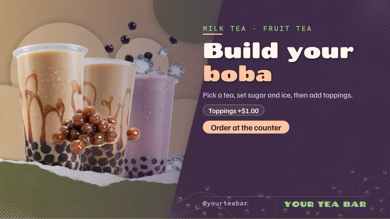 Boba tea menu board · Landscape digital signage template preview