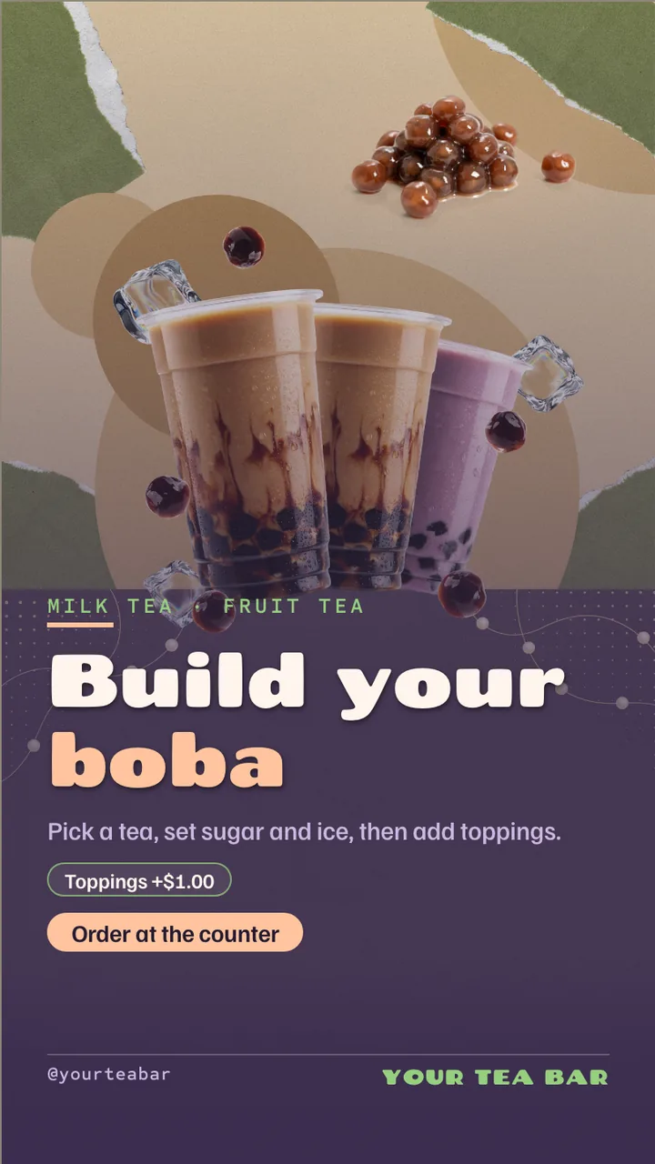 Boba tea menu board · Portrait digital signage template preview