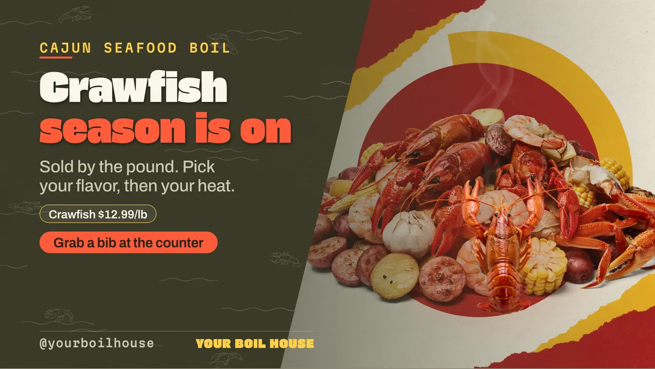 Seafood boil menu board · Landscape digital signage template preview