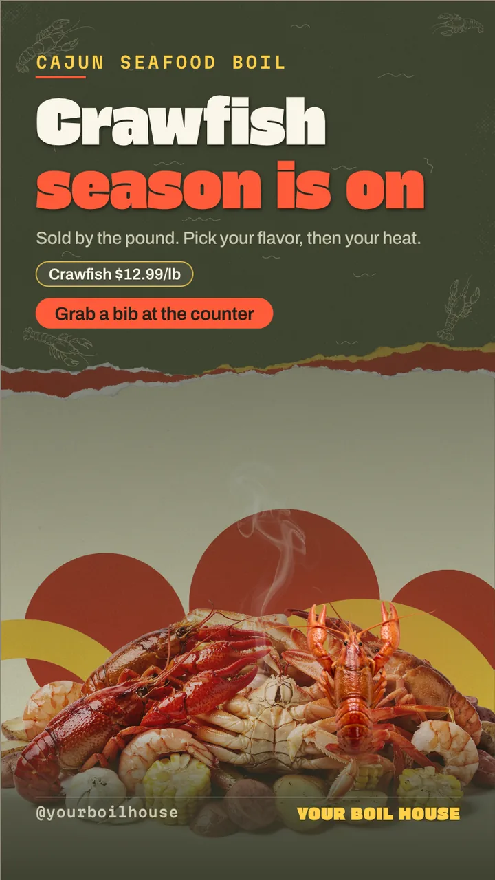 Seafood boil menu board · Portrait digital signage template preview