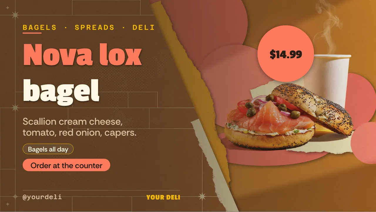 Bagel shop breakfast menu board · Landscape digital signage template preview