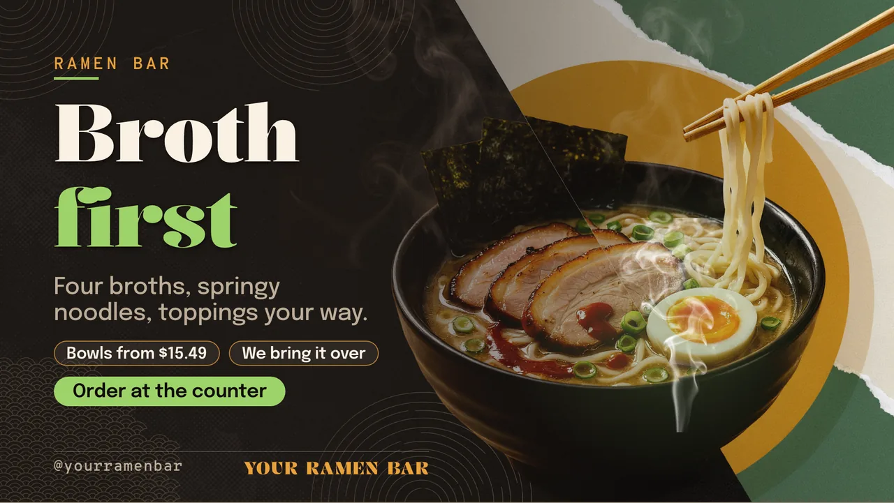 Ramen shop menu board · Landscape digital signage template preview
