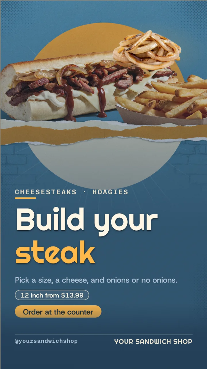 Cheesesteak shop menu board · Portrait digital signage template preview