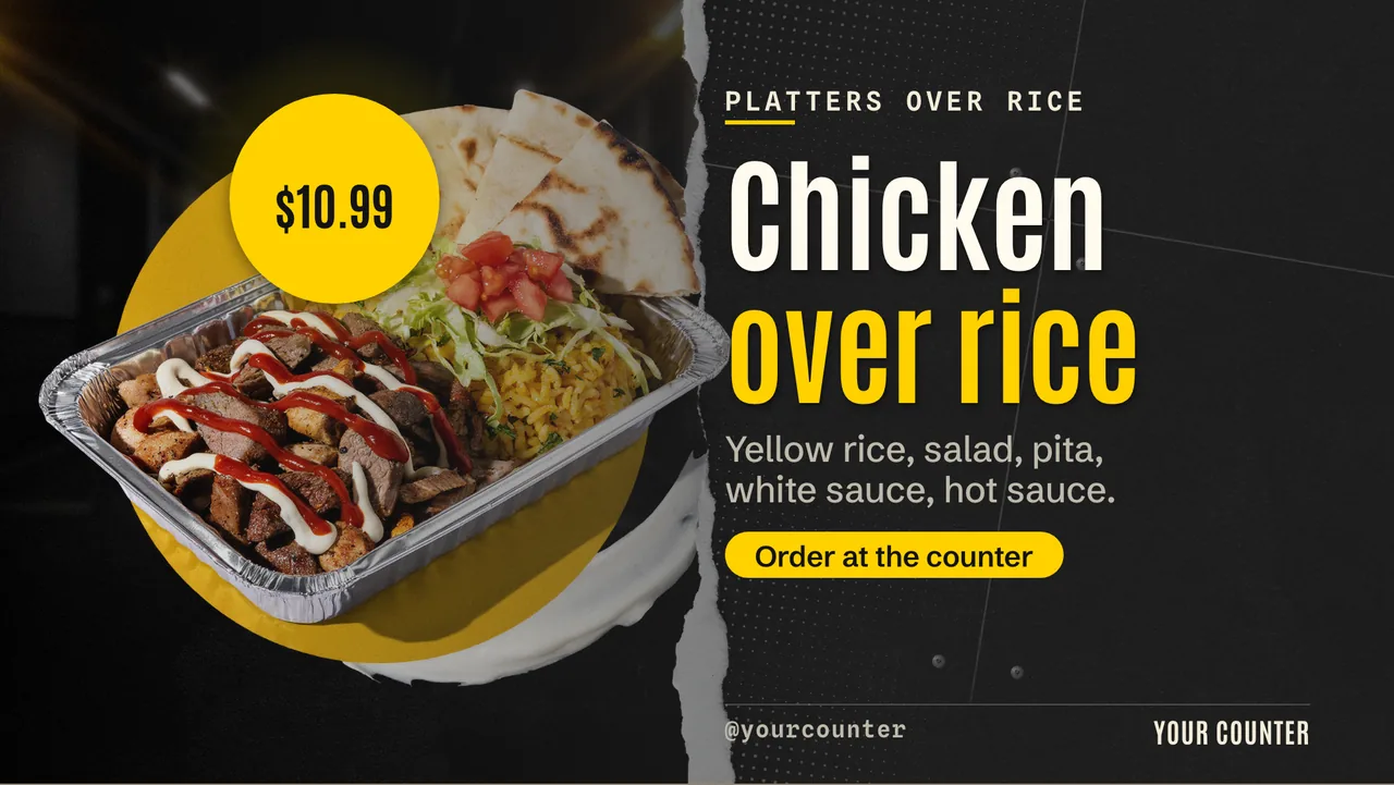 Chicken over rice menu board · Landscape digital signage template preview
