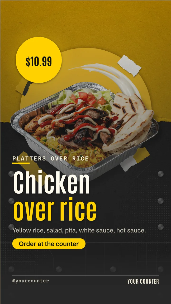Chicken over rice menu board · Portrait digital signage template preview